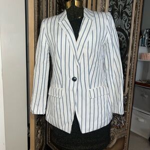 LOFT White Top with Blue Pinstripes and Navy Trim